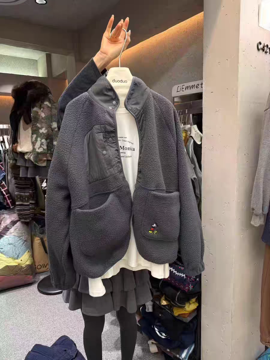 欧洲站25冬款欧货韩版立领卡通米叔叔拼接颗粒绒休闲减龄外套