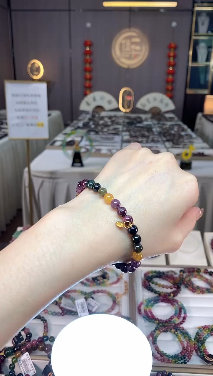 未镶嵌老矿碧玺色标彩虹单圈手串6mm+碧玺dan多样性发货一条