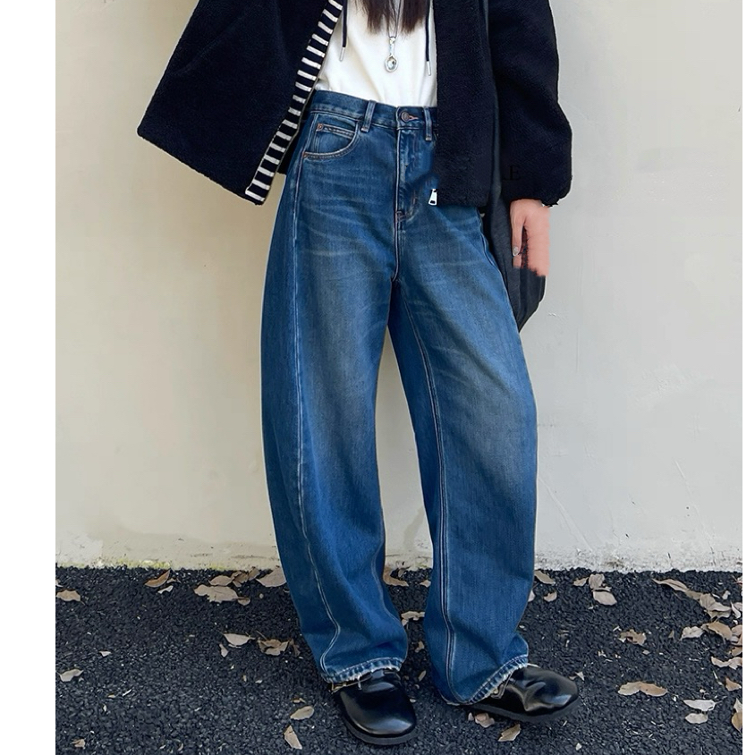 SU【812】代A9  愫杰   暖丝绒阔腿裤女冬镰刀裤蓝色无弹高腰弯刀裤