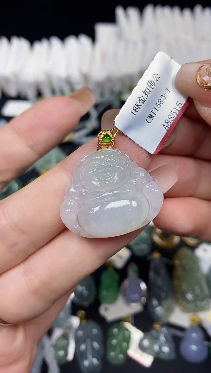 吊坠(不含链)18K金镶嵌翡翠佛公18K金扣镶嵌@@CMT1583-1