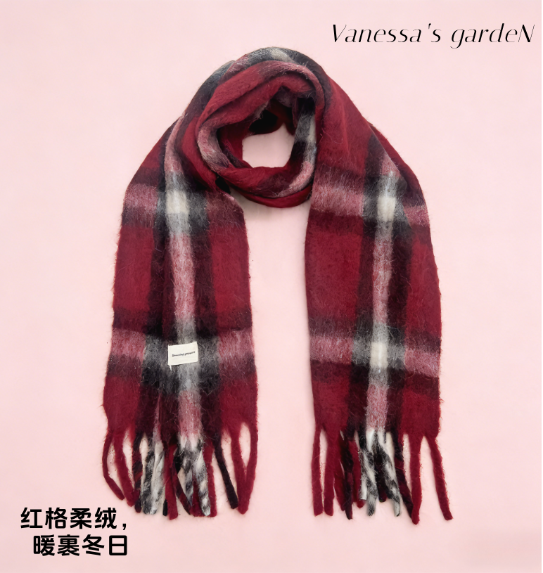 红格柔绒围巾冬季时尚女士羊绒格子韩版百搭经典英伦女款复古加厚