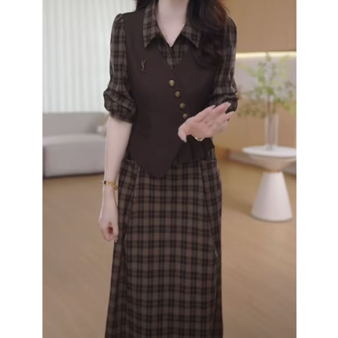 时尚气质假两件格子连衣裙女款2025秋装新款显瘦裙子D824