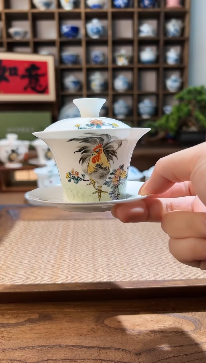 【闪购商品】手绘公鸡骨瓷三才盖碗