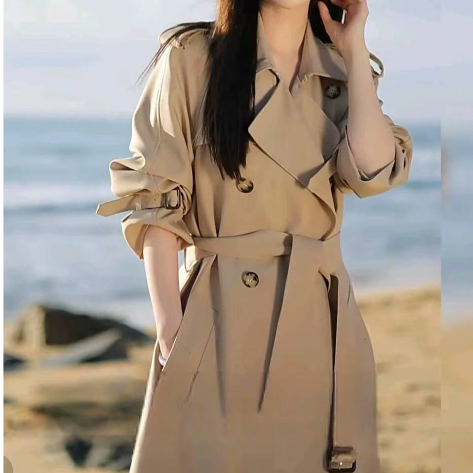 春秋卡其色卡其绿女士风衣大衣中长款常规款圆领显瘦