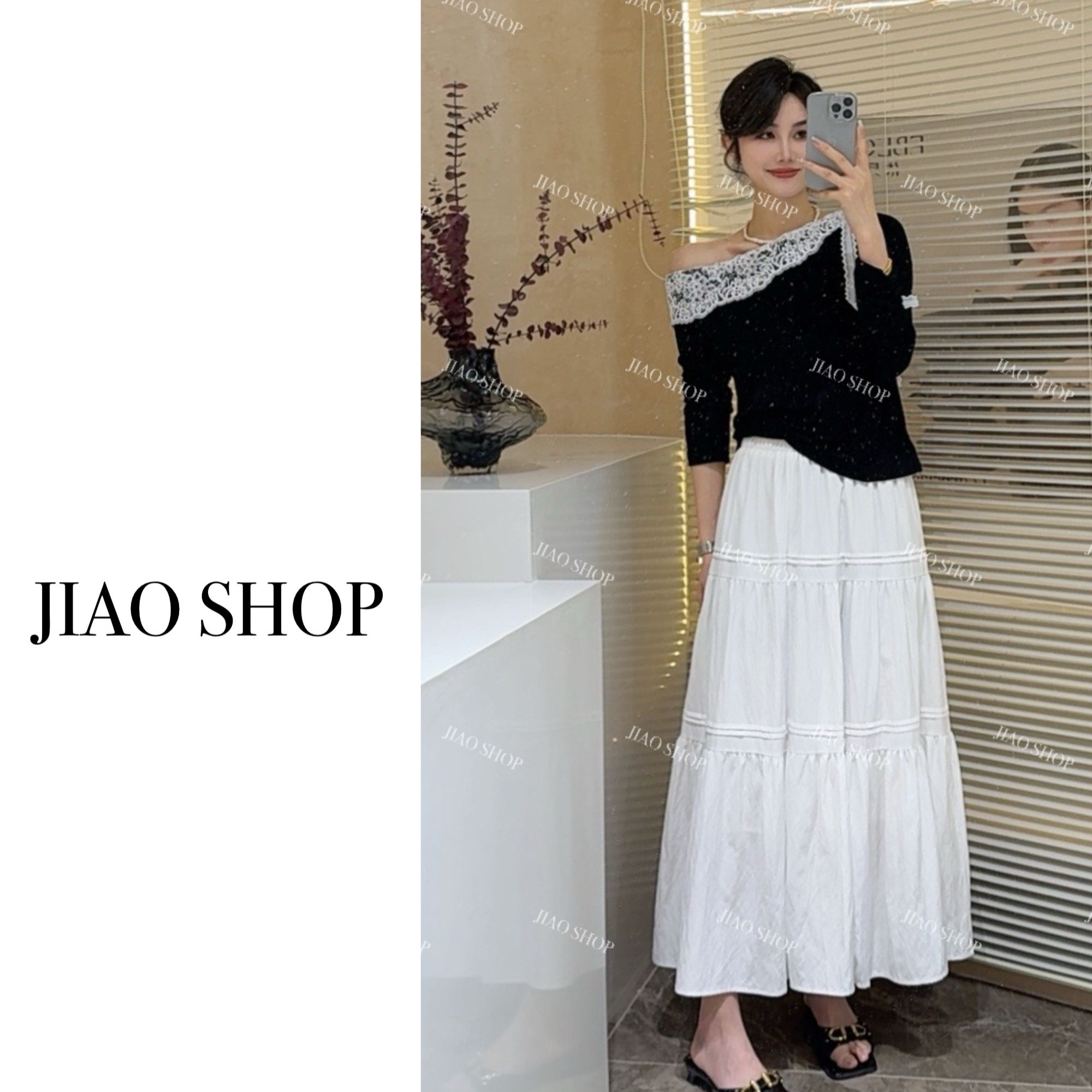 【JIAO SHOP】春季新款斜肩花边长袖T恤