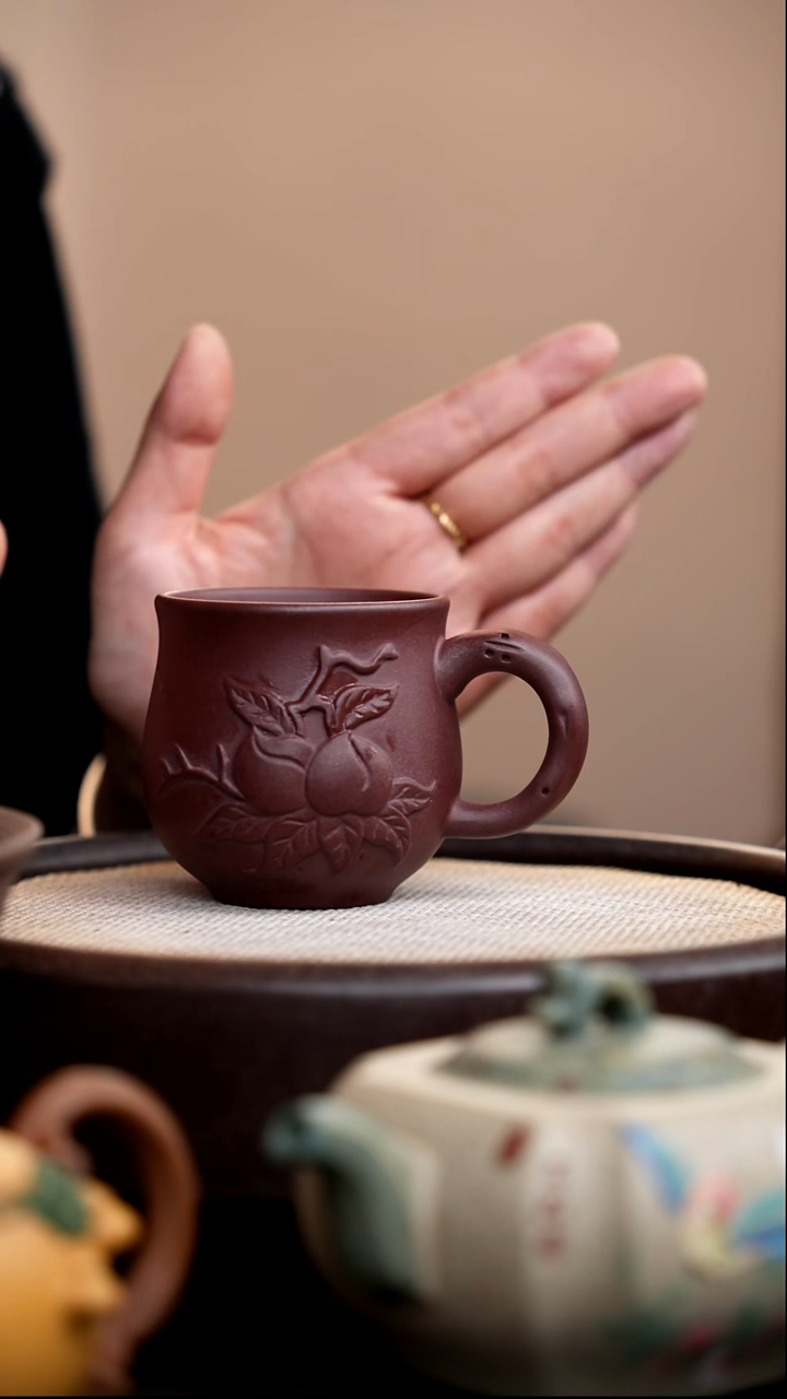 茶壶紫砂紫泥寿桃手把杯
