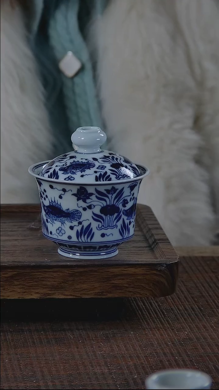 【闪购商品】折葵非器手工手绘鱼藻马蹄盖碗