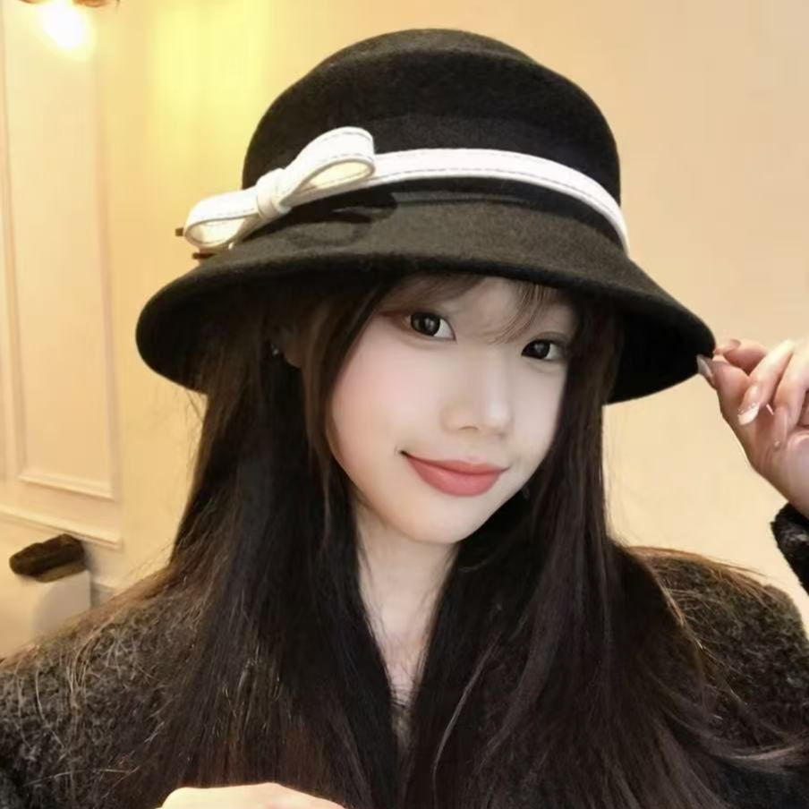 法式赫本风黑色毛呢礼帽女冬季气质优雅显脸小渔夫帽覆古千金帽子