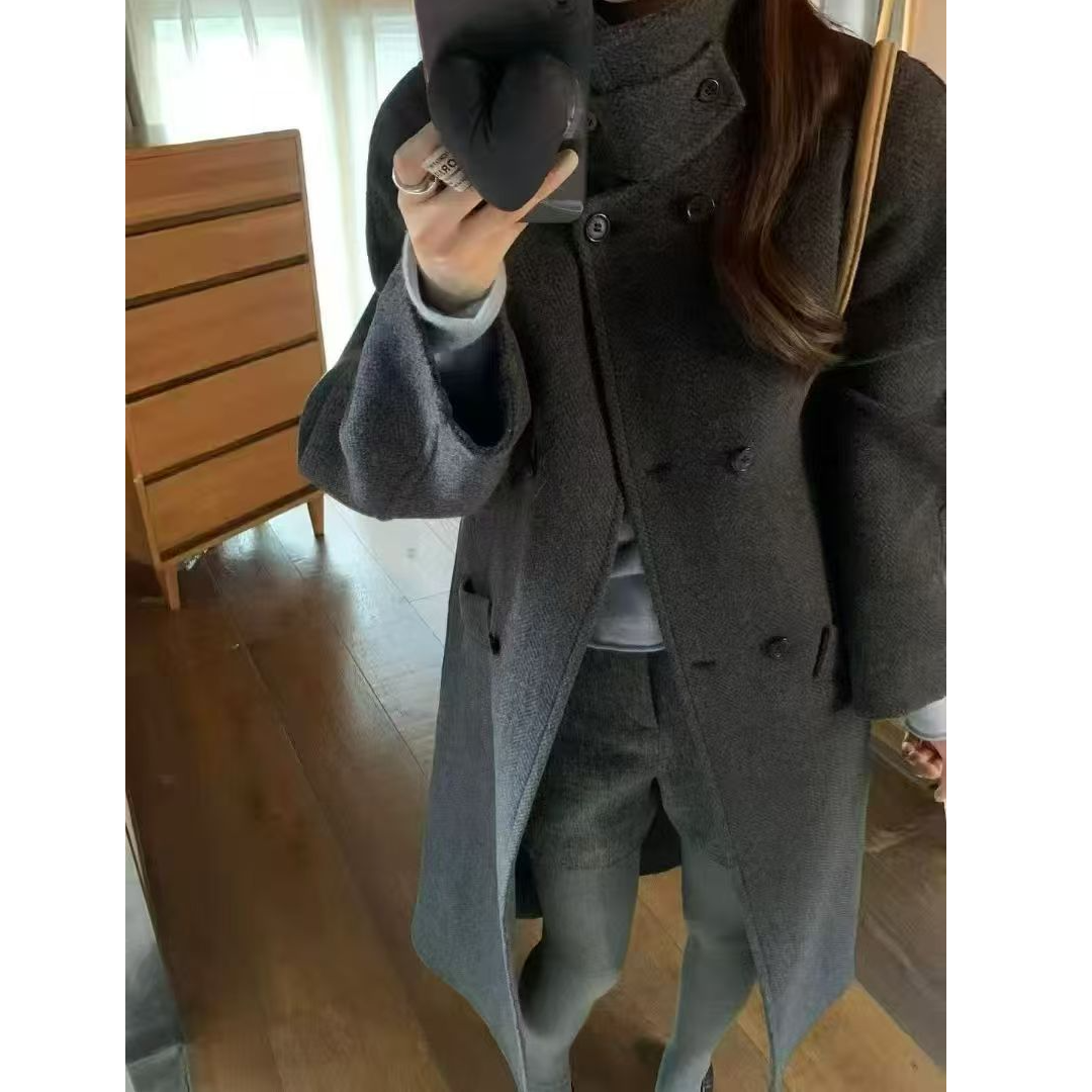 DMDY- 075 韩系经典款中长款双排扣立领宽松双面呢羊毛大衣外套