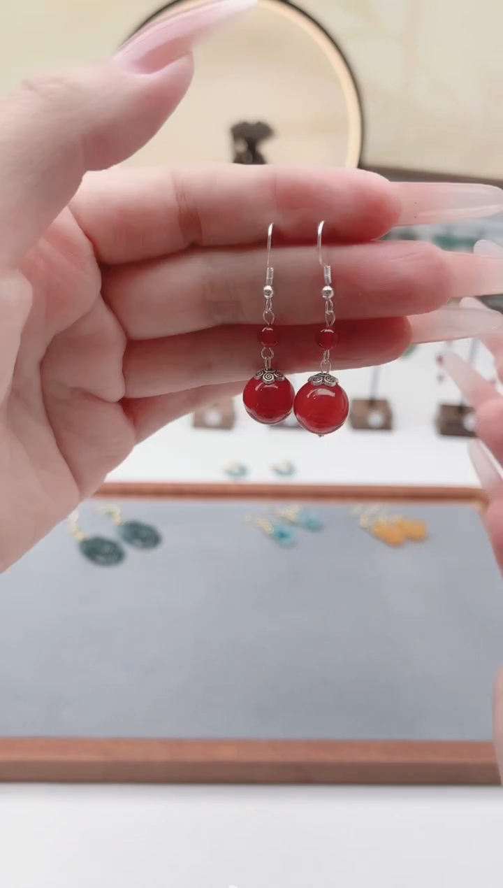 未镶嵌耳饰玛瑙/玉髓00红色个2颗