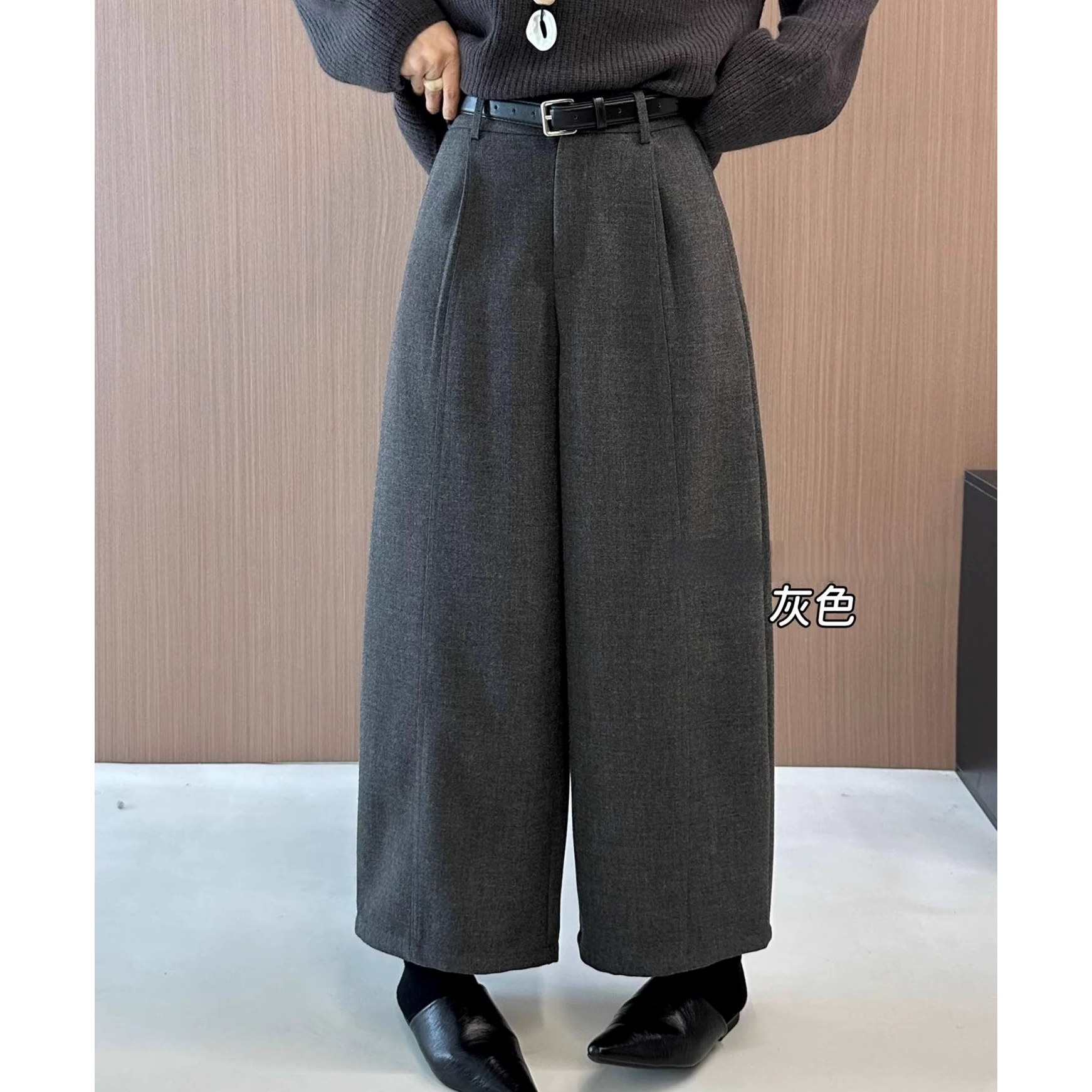 欧货灰色加厚呢子裤女2025秋冬新款高腰显瘦小个子休闲九分阔腿裤