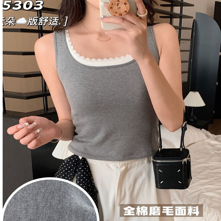 新款背心女假两件磨毛蕾丝边固定杯可外穿打底吊带纯欲修身美背