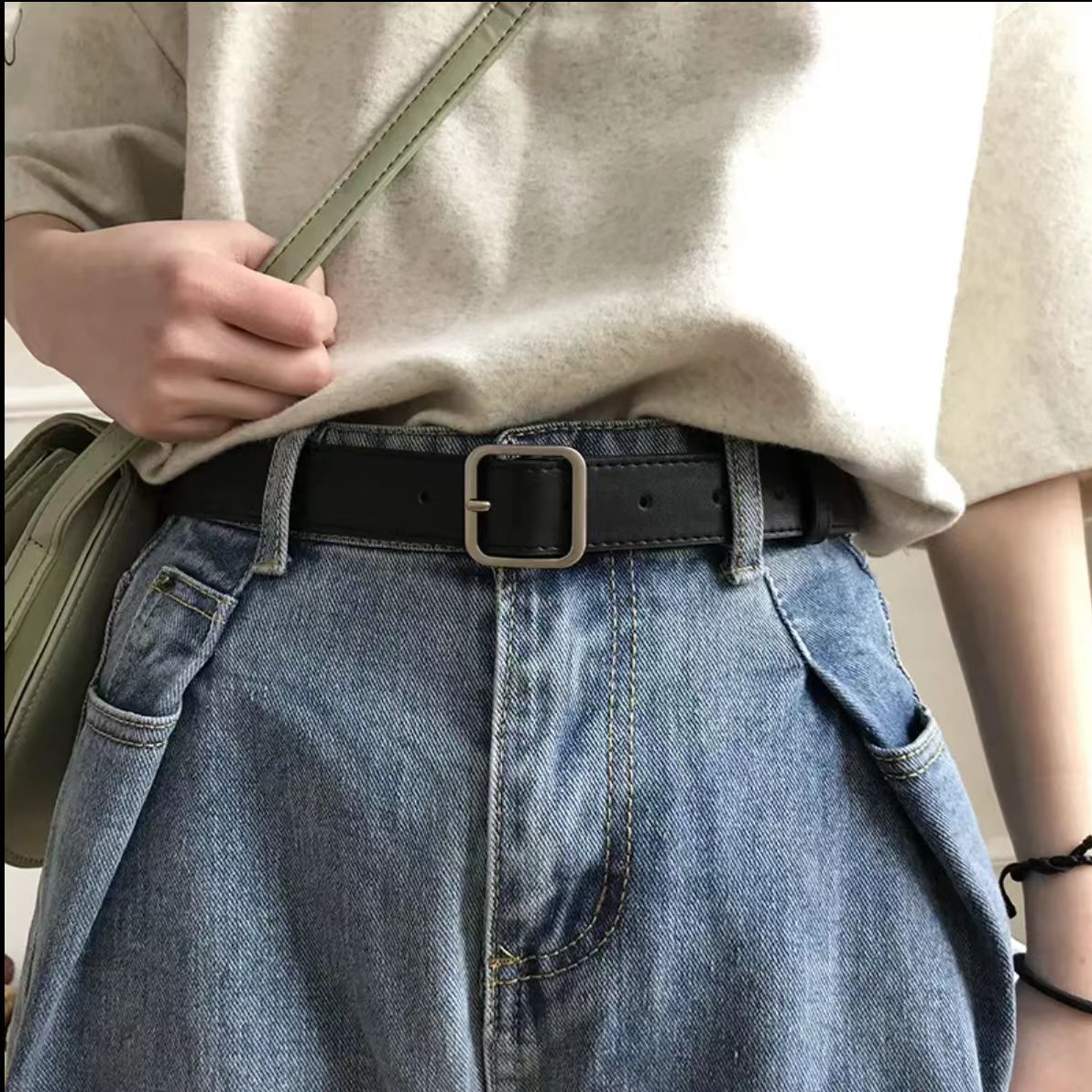 简约牛仔经典女士成人潮流简约免打孔腰带皮带光面女