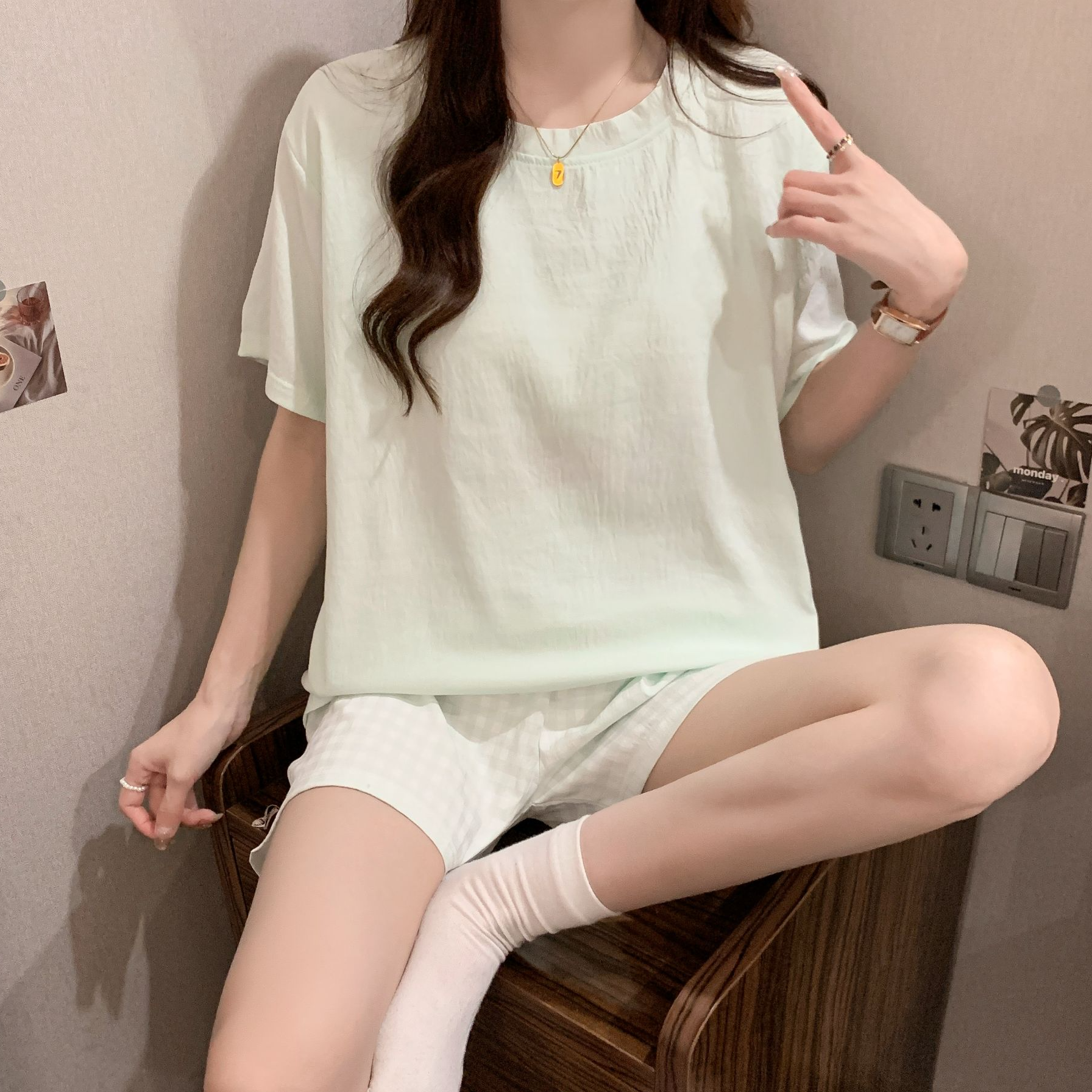 睡衣女新款夏季带胸垫短袖套装休闲大码宽松女士夏天可外穿家居服