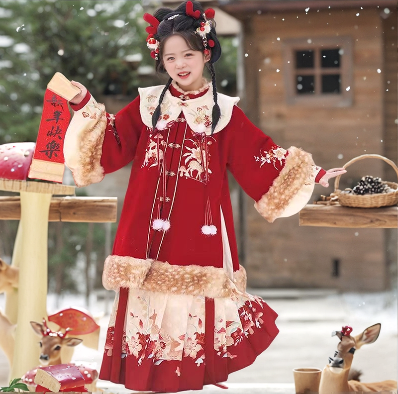 【灵鹿现货】女童汉服冬款加绒套装儿童女孩古装刺绣加厚新年拜年服