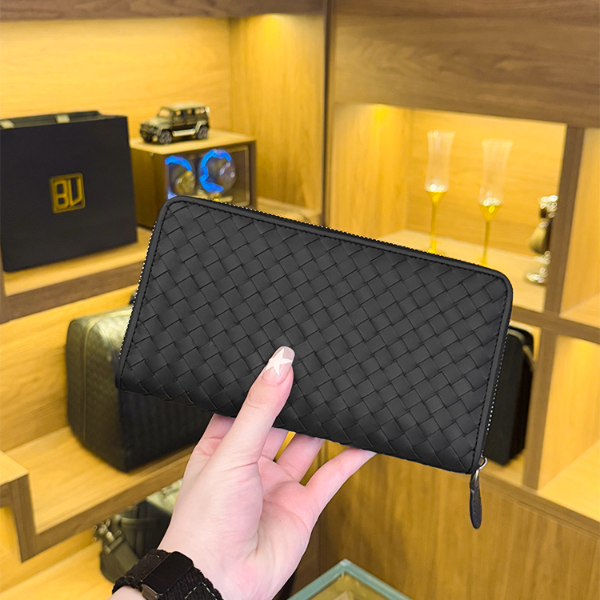 BV头层胎牛皮纯手工编织钱包手包皮夹拉链极简商务长款卡位便携