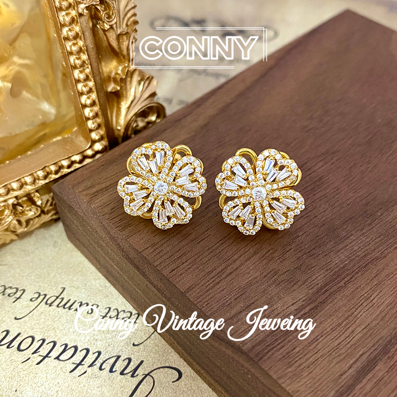 铜合金锆石耳饰 KN0033 法 ·【旋转四叶草】小众可旋转爱心四叶耳钉