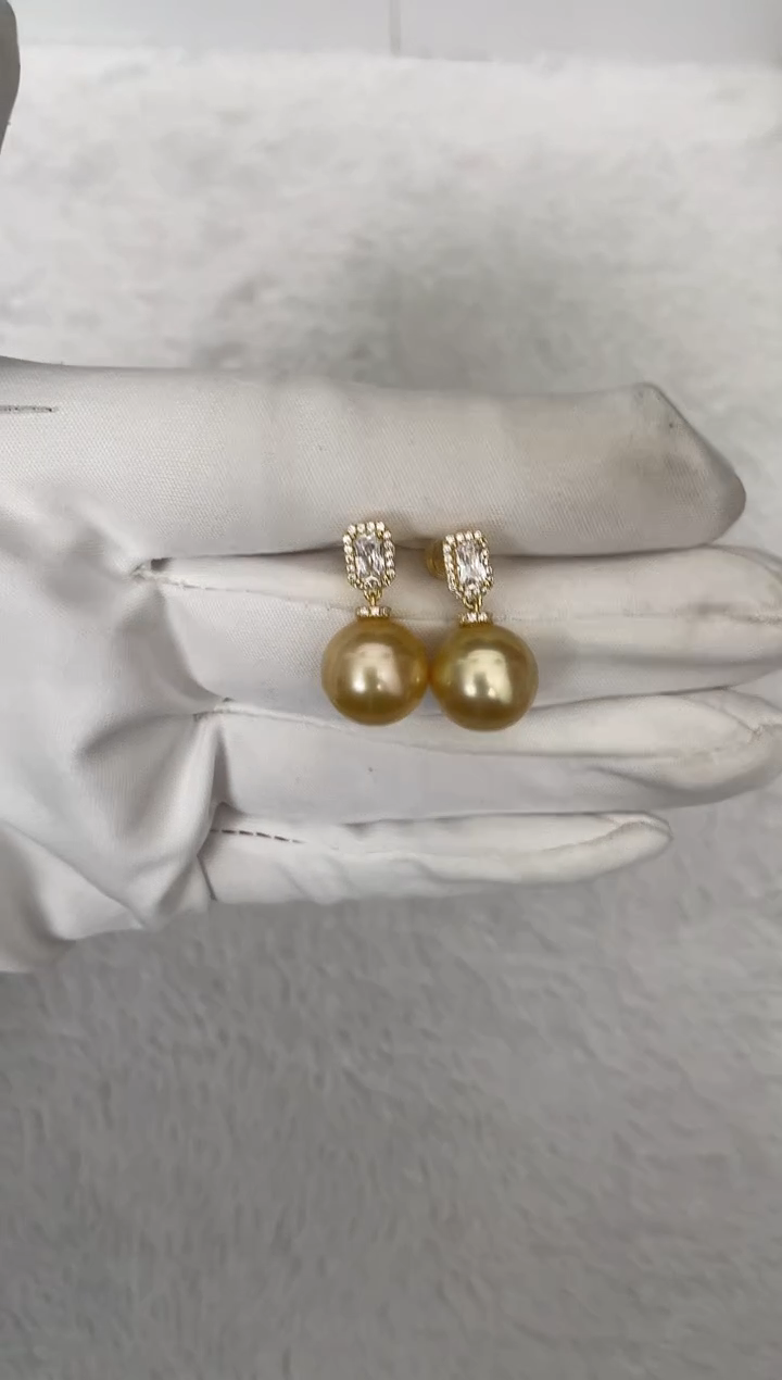 【闪购商品】海水珍珠耳饰银S925镶嵌南洋金珠方糖款12-13mm