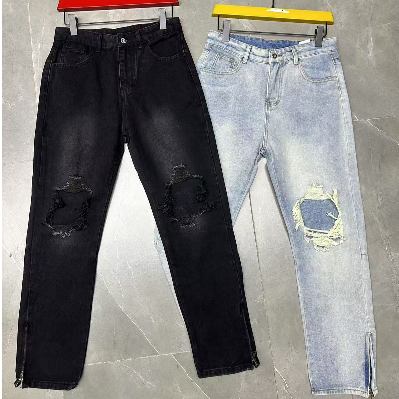 美式潮牌休闲膝盖破洞时尚直筒牛仔裤