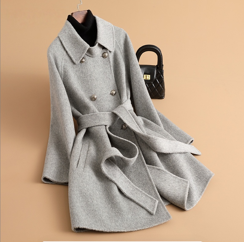 6609高端双面绒大衣女中长款2024新款双排扣系带小个子毛呢外套