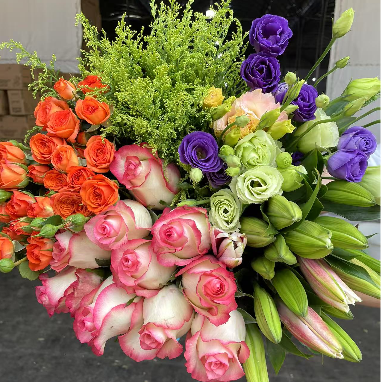 【爆款】爱莎玫瑰10只+百合5朵+橙芭比3枝+洋桔梗200克+草 云南鲜花