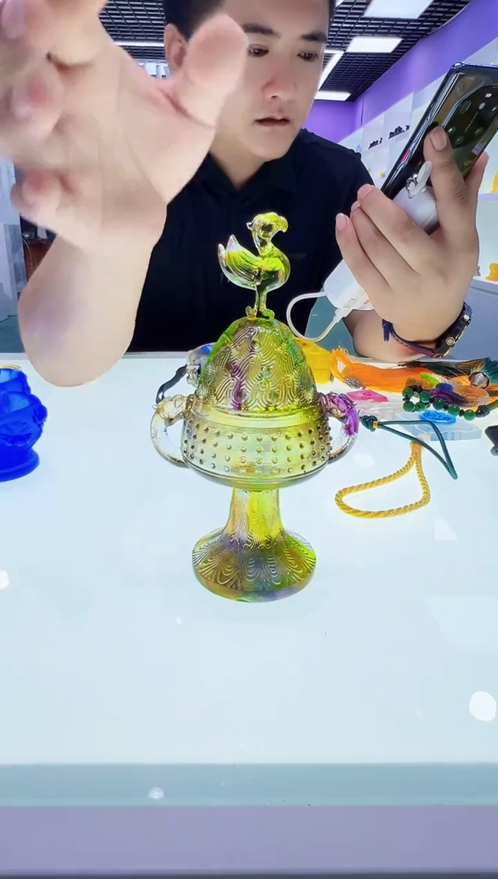 泥塑古法琉璃金乌香炉摆件