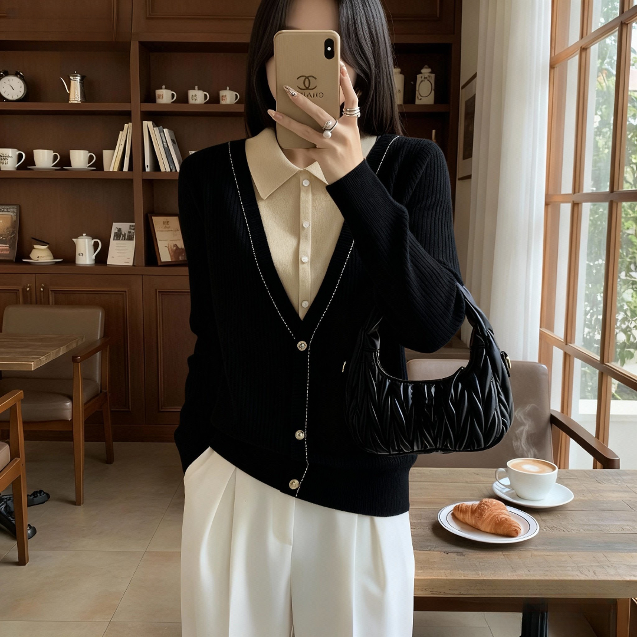 【黑色虞美人假两件】新款宽松休闲细羊毛针织假两件毛衣