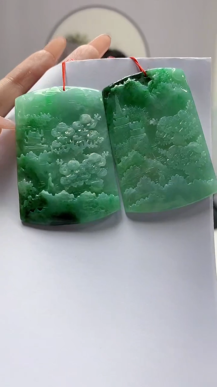 【闪购商品】定制翡翠未镶嵌4852DD-毛货山水一对赠珠链42