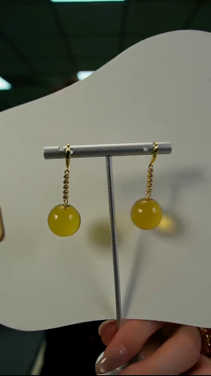 琥珀银S925镶嵌耳饰蓝珀耳坠16mm+