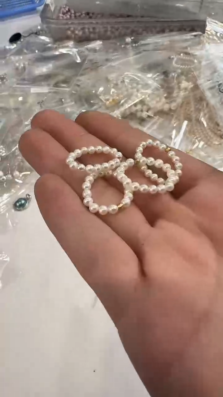 银S925镶嵌戒指淡水珍珠3-4mm 弹力绳款-孤品