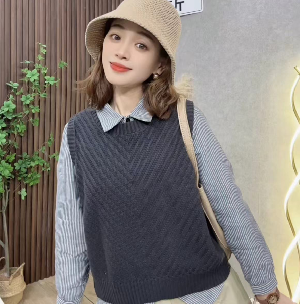 春季新款小个子定制圆领纯色针织背心文艺风气质百搭无袖马甲上衣