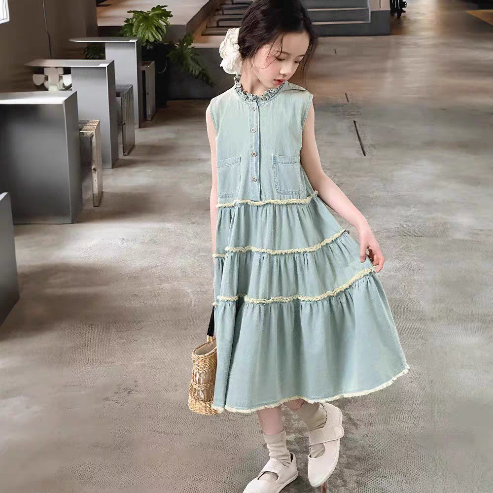 女童连衣裙夏季2025新款儿童牛仔背心裙大童无袖长裙子女孩公主裙
