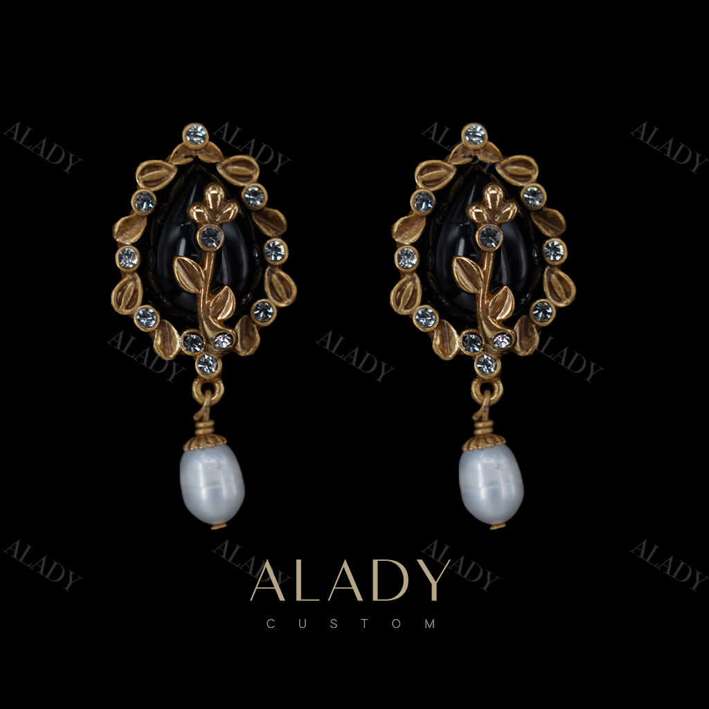 合金合成锆石耳饰 【墨花珠】复古做旧维多利亚风花枝珠珠耳钉