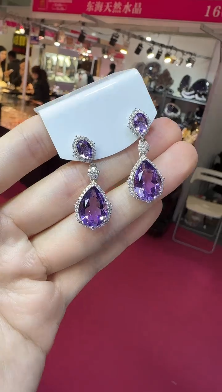 银S925镶嵌耳饰紫晶10*15mm耳坠大帝王紫