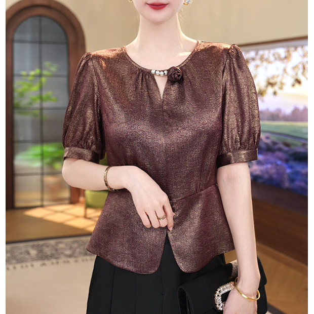现货2025夏季新款【DD-6183】高级感轻奢红金色衬衫圆领上衣女