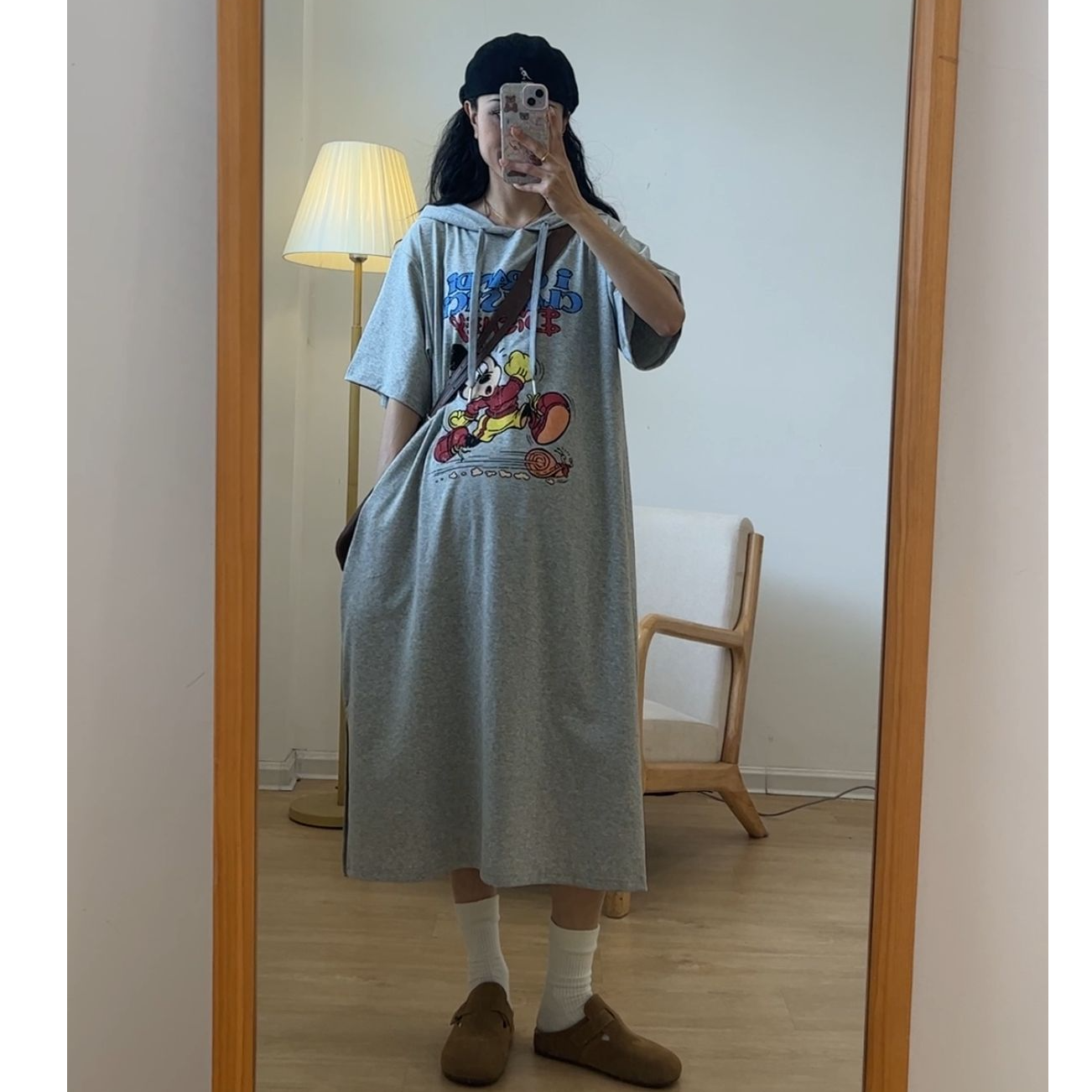 慵懒连帽米奇T裙~孕妇连衣裙棉T恤休闲舒适弹性减龄大码T恤短袖
