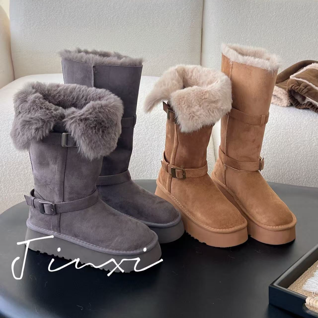 扣带厚底真毛翻边保暖棉鞋中长筒跟高5厘米雪地靴-HGX251133