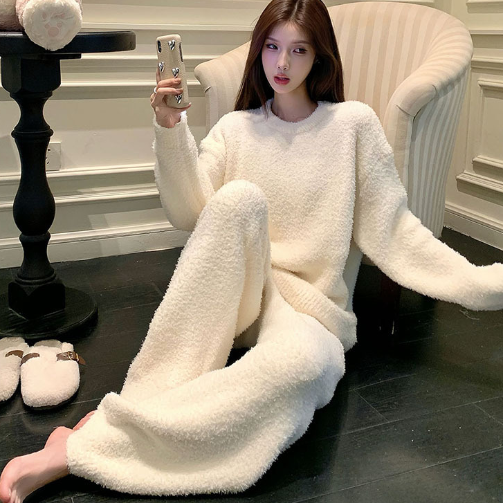 冬日半边绒睡衣女欧若风软绵绵弹力家居服女睡衣女款爆款睡衣秋冬