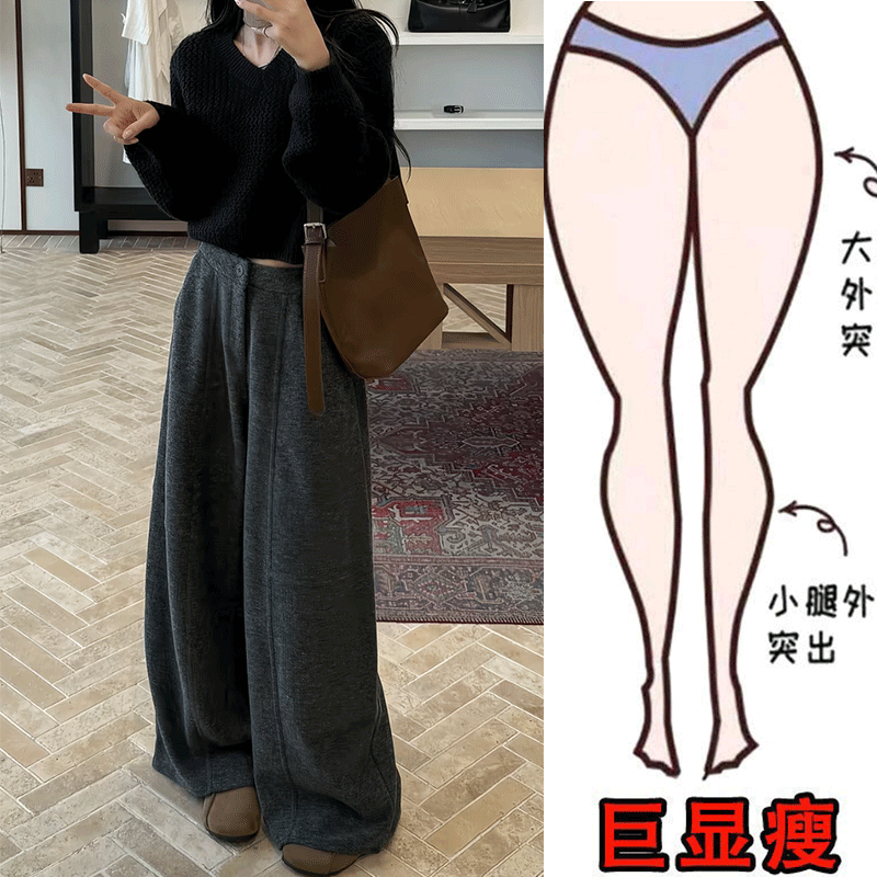  秋冬新款韩版大码宽松毛呢休闲裤梨形身材显瘦简约风纯色阔腿裤商品图