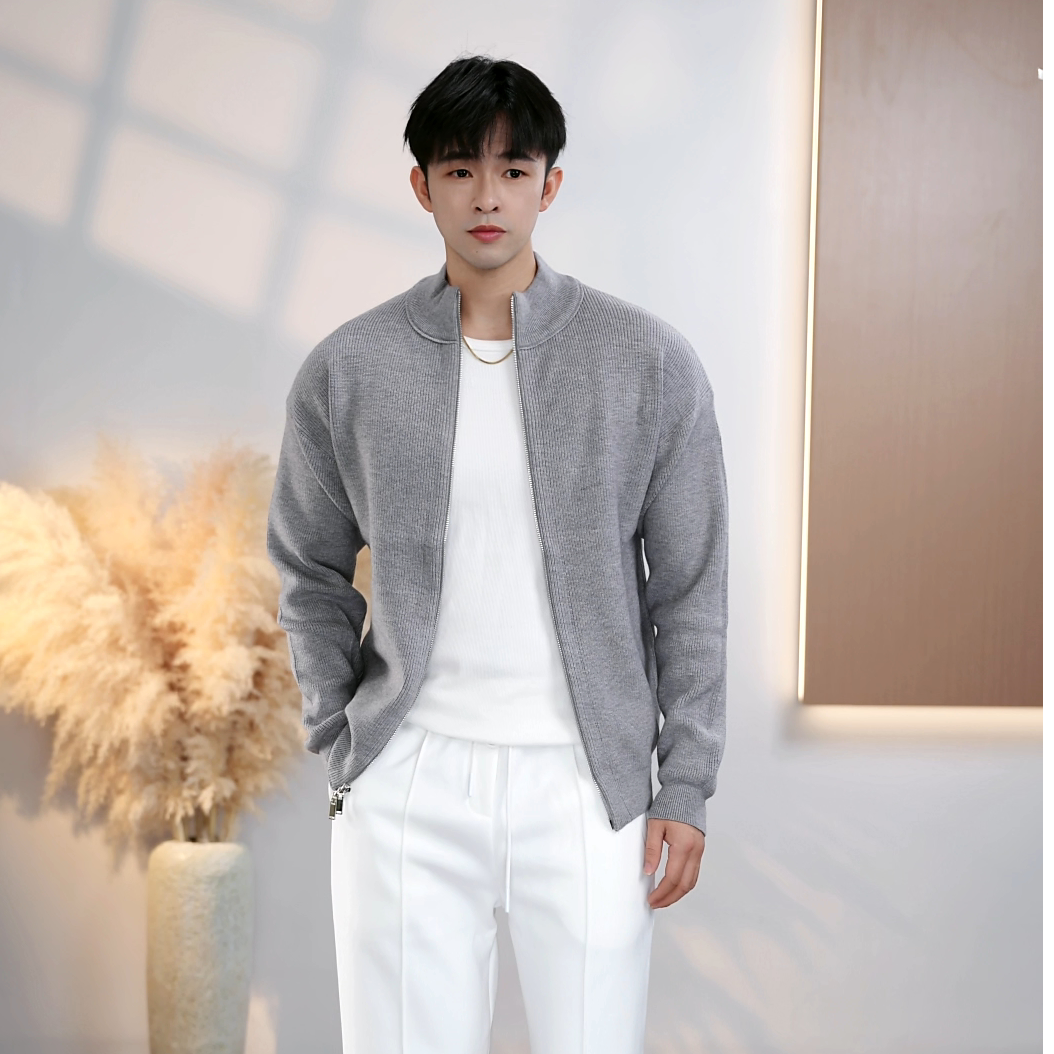 【K.Z.STAR】立领开衫毛衣男士长袖合身简约通勤拉链外套