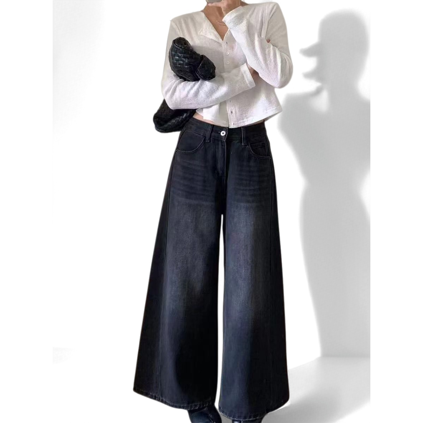 大漂亮家带腰带高腰阔腿牛仔裤（一米六到一米七五可穿）
