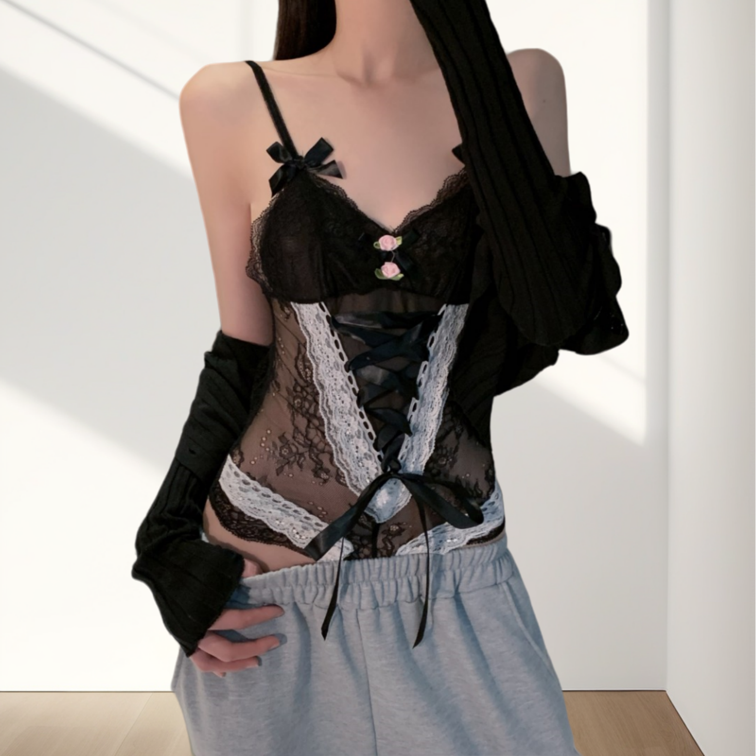 性感显瘦斩男蝴蝶结蕾丝睡裙吊带打底V领ins睡衣美背复古外穿法式