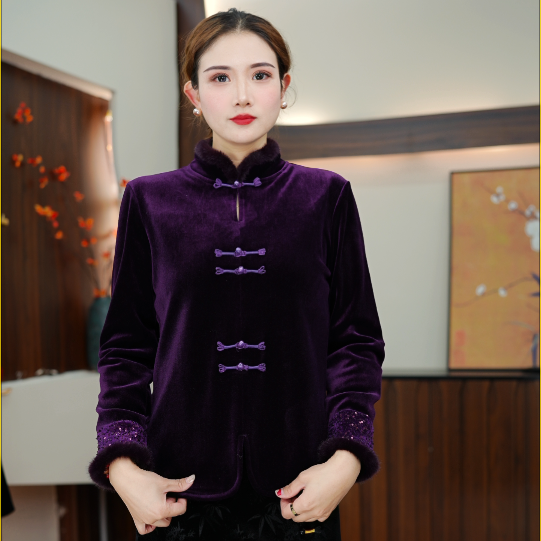 紫色韵味加绒加厚纽扣中国风中老年女装宽松时尚立领复古上衣