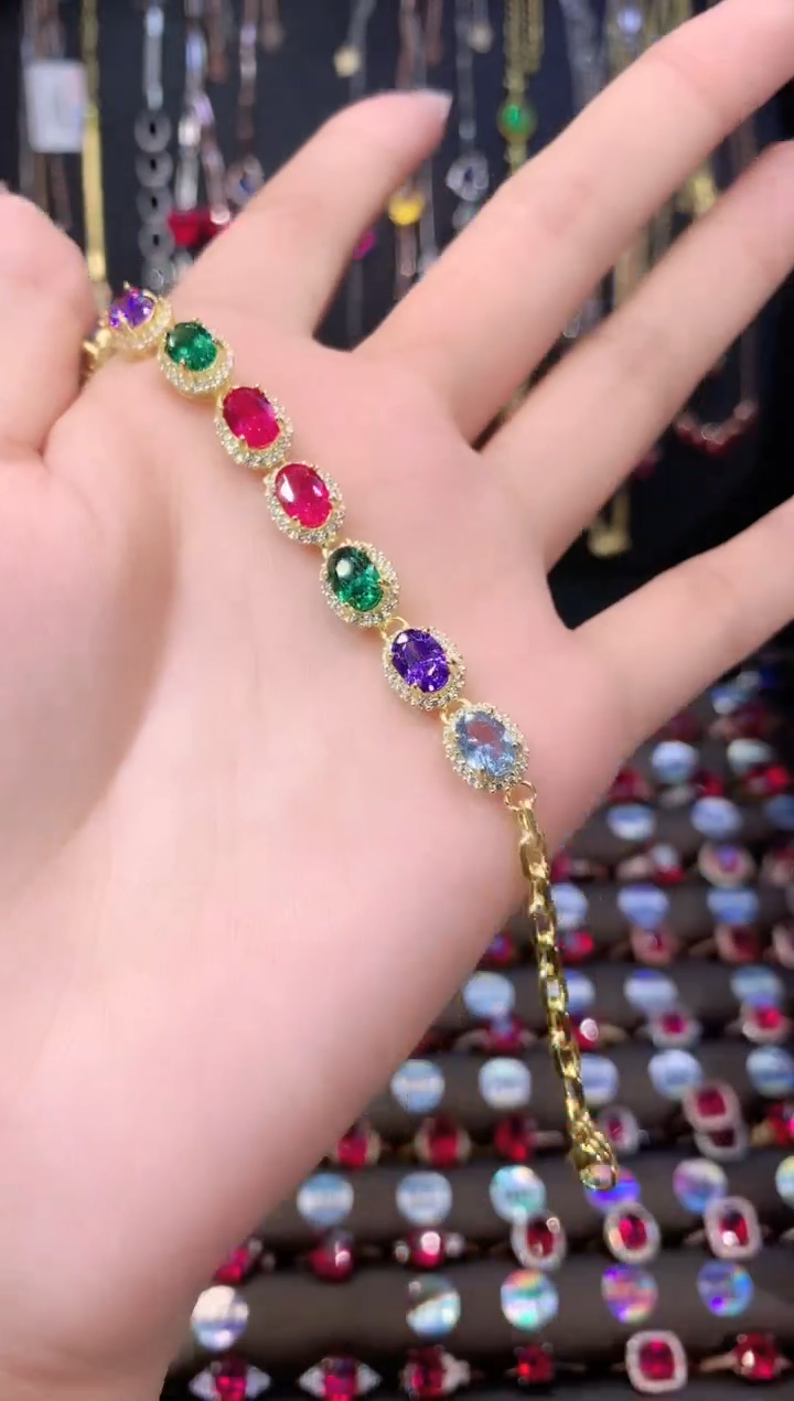 蓝宝石手链银S925镶嵌金色