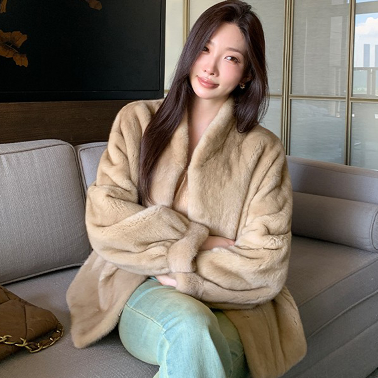 【NaNa】新款进口紫标级天鹅绒貂皮大衣女水貂皮草外套整貂立领中款