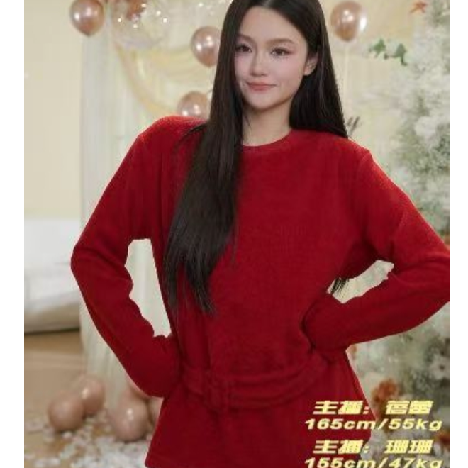 【悸动时刻】秋冬设计感腰带红色新年冬季毛衣-2103