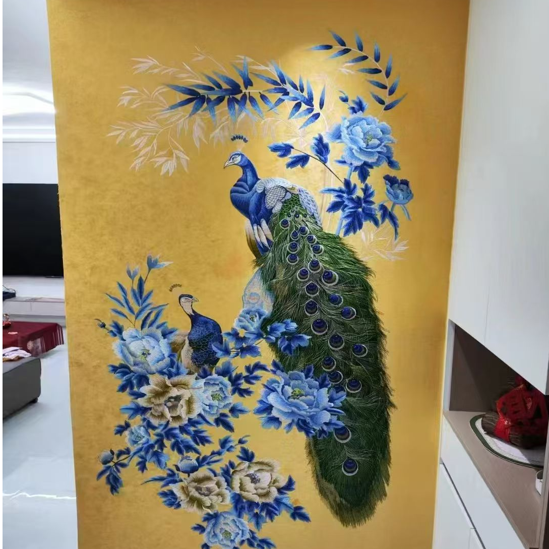 独绣刺绣无缝壁布花开富贵客厅玄关背景墙布新中式孔雀独秀新中式
