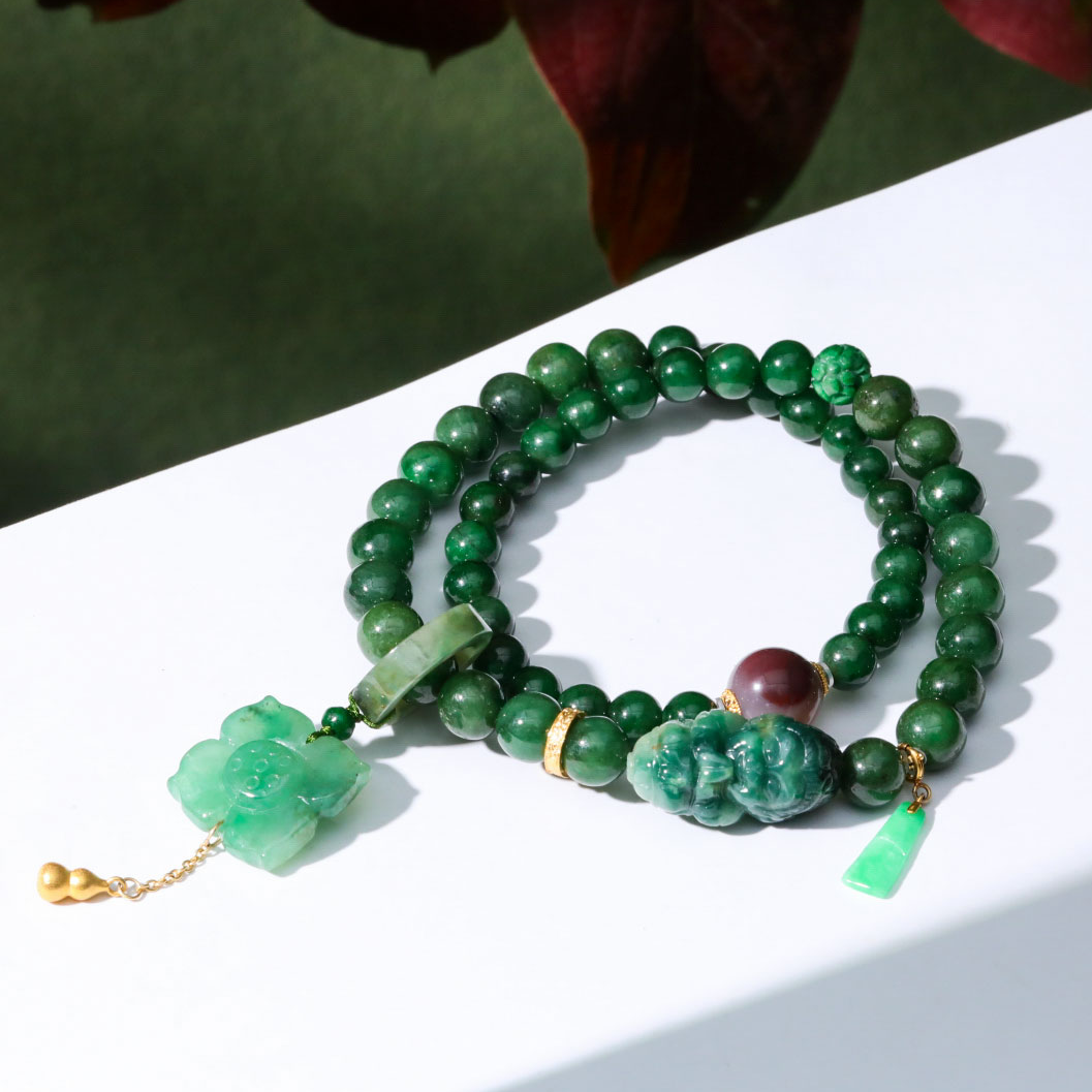 【意婵】《温念》18K金天然缅A老翡翠双圈手链盐源-916721