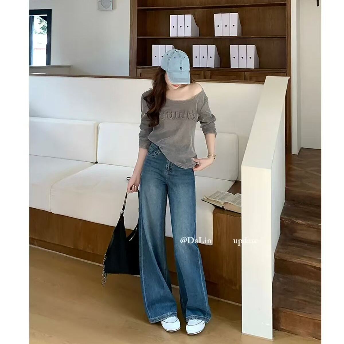 DUOXINIU/多喜牛/DaLin早秋新款阔腿裤女高腰牛仔裤复古设计感