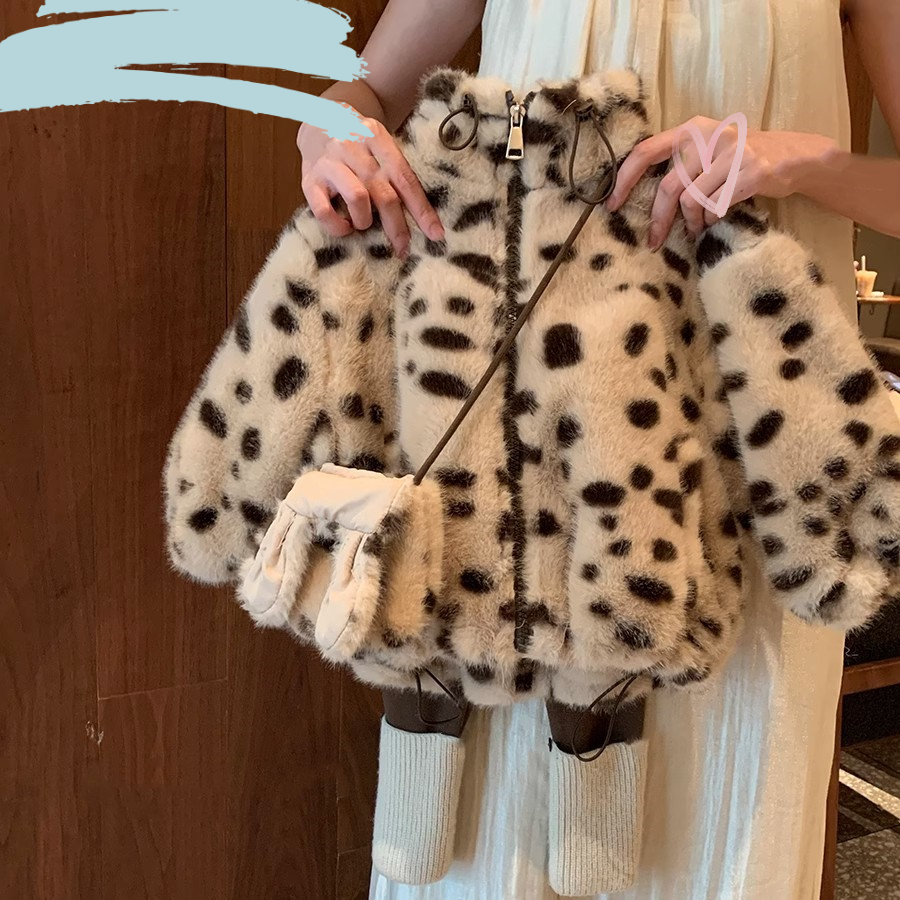 女童加绒加棉加厚外套豹纹2025新款小童洋气冬装女宝宝毛毛衣外套